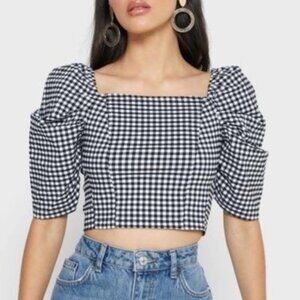 NWT Topshop Gingham Puff Sleeve Cropped Top. Black White